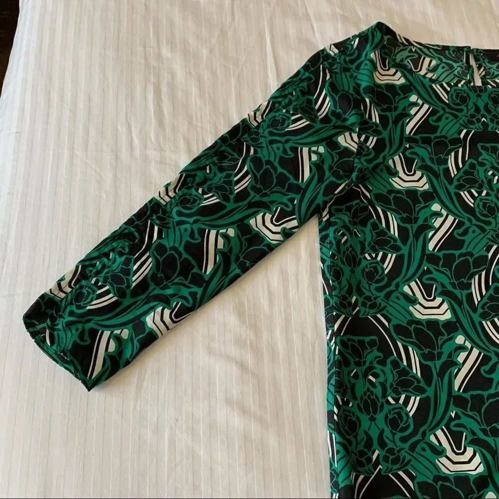 J. Crew Womens Blouse Shirt Green 3/4 Sleeve Retro Floral Popover Size 2